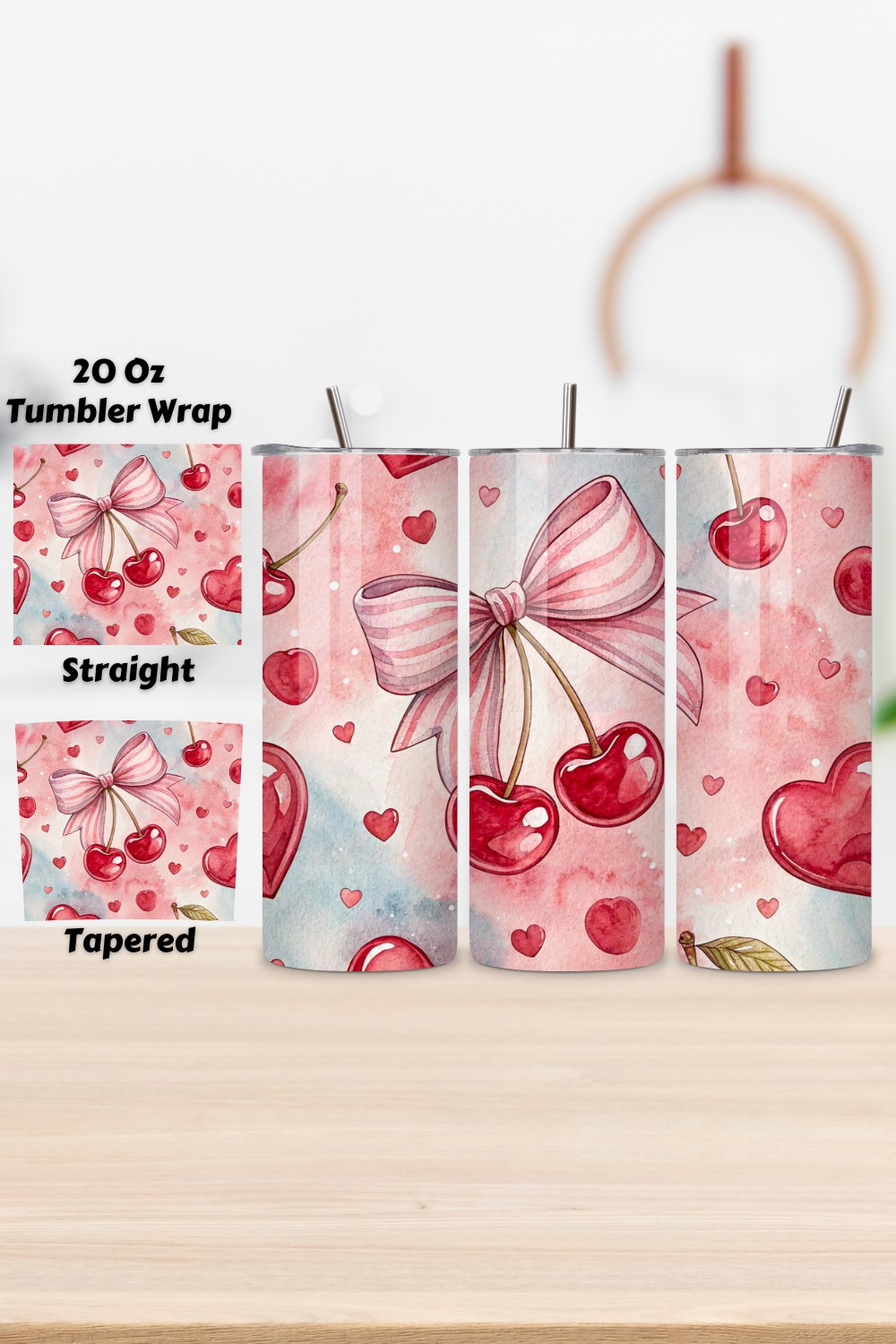 Cherry Bow Valentine Tumbler Wrap - 20oz Skinny Sublimation Design - Romantic Watercolor Hearts PNG - Straight & Tapered Digital Download pinterest preview image.