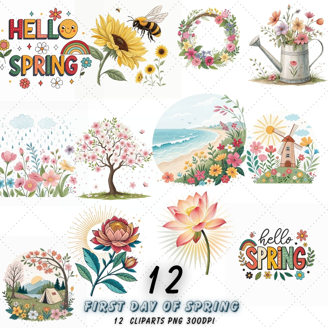 First Day of Spring Sublimation Clipart Pack – Vibrant Designs for T-Shirts, Mugs, and DIY Projects cover image.