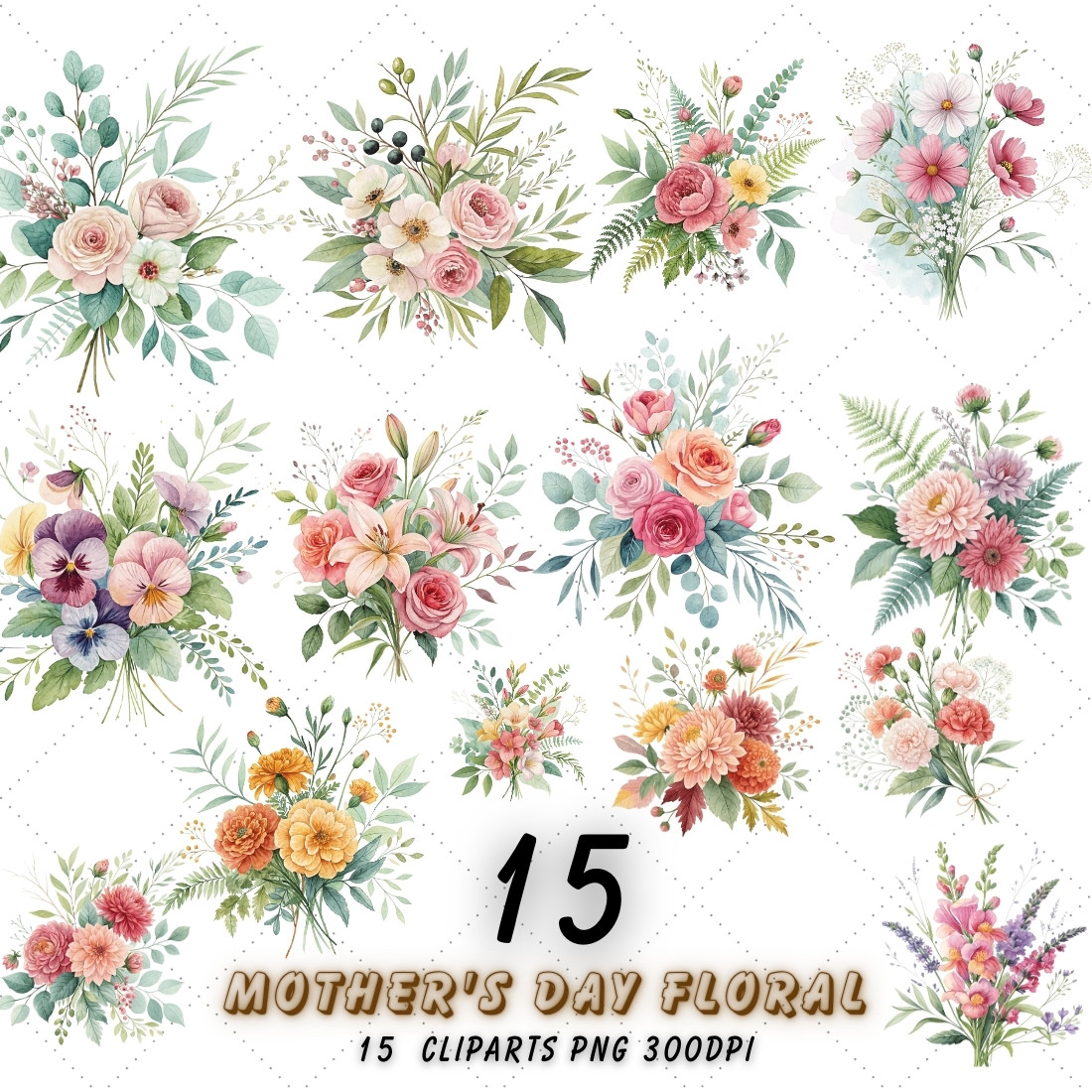 Mother's Day Floral Bouquet Sublimation Clipart – Watercolor Designs for Cards, Invitations, and DIY Projects cover image.