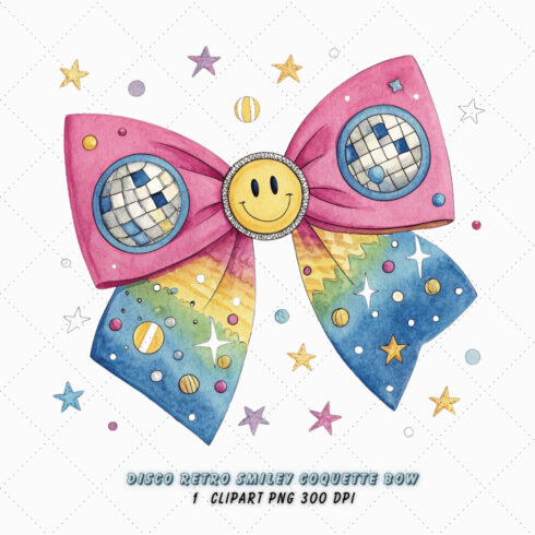 Disco Retro Smiley Coquette Bow Clipart, disco retro bow, smiley coquette bow, glitter bow design, retro smiley clipart, digital bow design, party disco bow, smiley bow art, disco vintage design, coquette bow art, smiley sublimation design cover image.