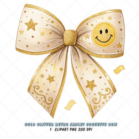 Gold Glitter Retro Smiley Coquette Bow Clipart, gold retro bow, smiley coquette bow, glitter bow design, retro smiley clipart, digital bow design, luxurious gold bow, smiley bow art, gold vintage design, coquette bow art, smiley sublimation design cover image.