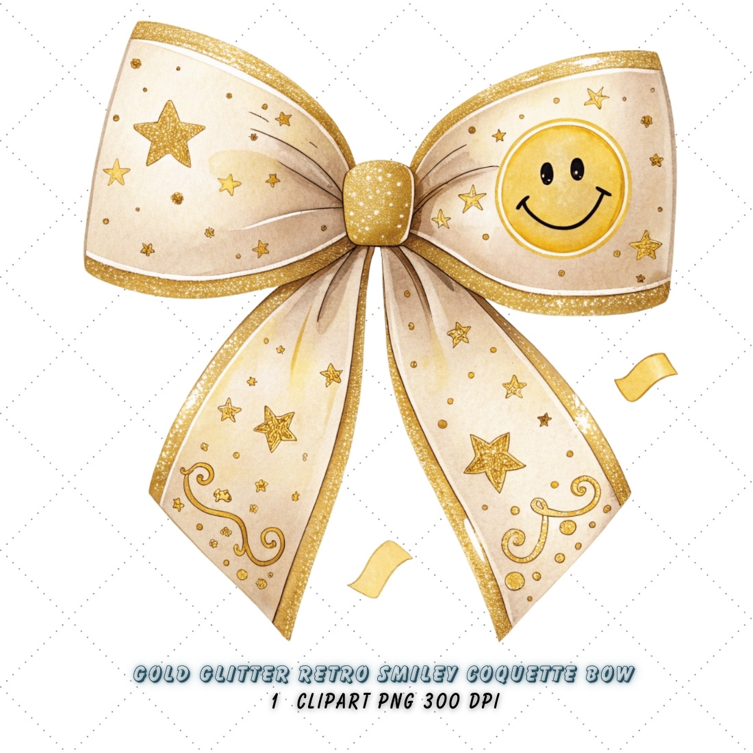 Gold Glitter Retro Smiley Coquette Bow Clipart, gold retro bow, smiley coquette bow, glitter bow design, retro smiley clipart, digital bow design, luxurious gold bow, smiley bow art, gold vintage design, coquette bow art, smiley sublimation design cover image.