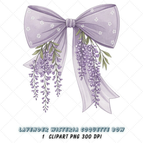 Lavender Wisteria Coquette Bow Clipart, coquette bow clipart, spring floral bow, wisteria flower bow, digital bow design, lavender floral bow, elegant coquette bow, spring wisteria clipart, floral bow design, purple wisteria bow cover image.