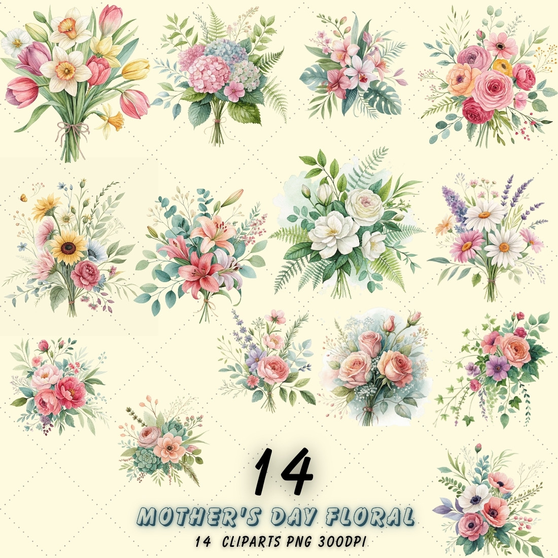 Watercolor Floral Bouquet Clipart Bundle – Perfect for Mother's Day Sublimation, Scrapbooking, and Decor cover image.