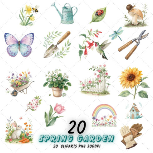 Spring Garden Watercolor Clipart Bundle, Floral Illustrations for Sublimation, Invitations, and Digital Scrapbooking, Pastel Spring Garden Clipart – Watercolor Flowers, Butterflies, and Gardening Elements for DIY Projects cover image.