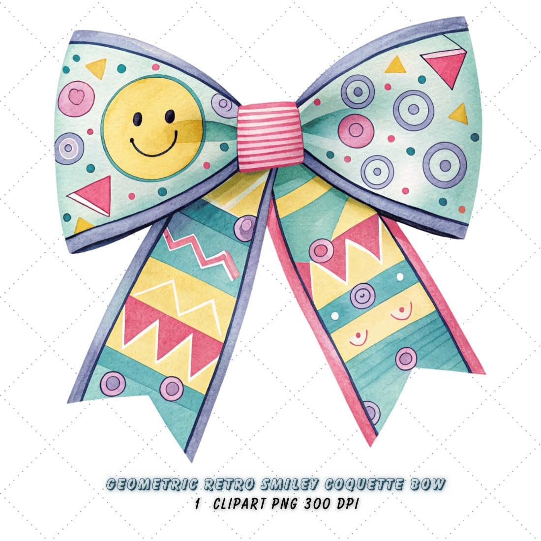 Geometric Retro Smiley Coquette Bow Clipart, geometric retro bow, smiley coquette bow, modern bow design, retro smiley clipart, digital bow design, patterned geometric bow, smiley bow art, geometric vintage design, coquette bow art, smiley sublimation design cover image.