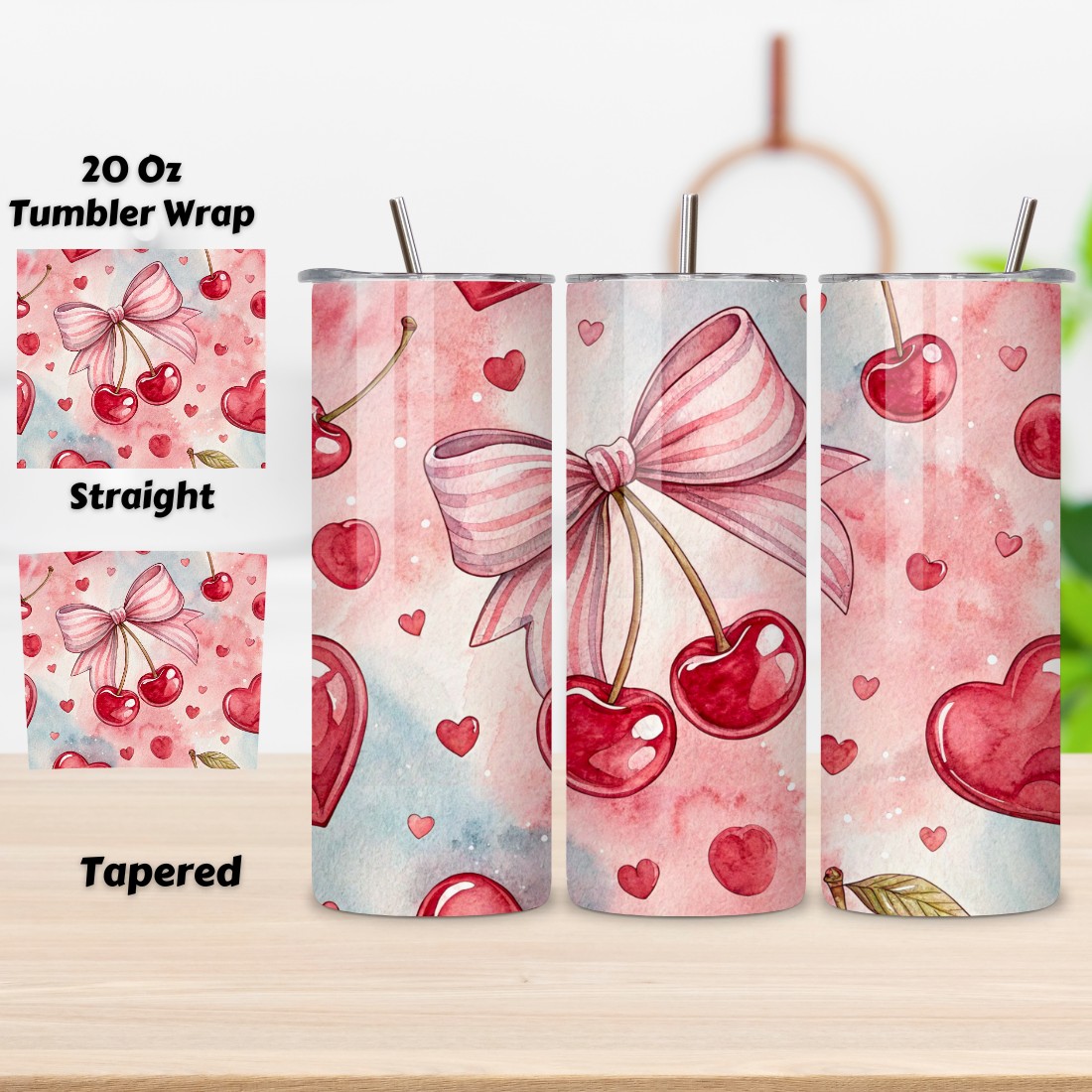 Cherry Bow Valentine Tumbler Wrap - 20oz Skinny Sublimation Design - Romantic Watercolor Hearts PNG - Straight & Tapered Digital Download cover image.