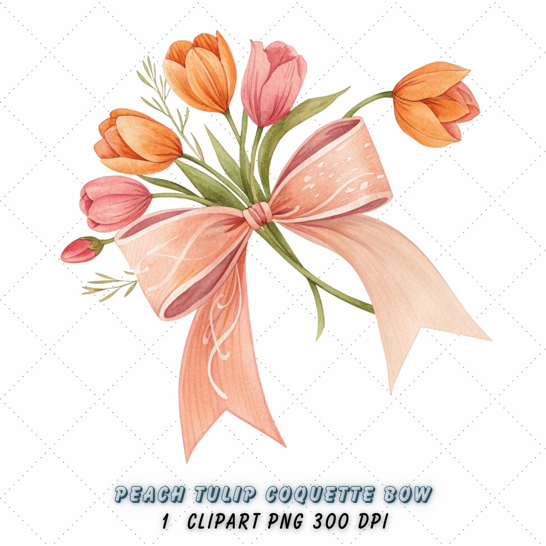 Peach Tulip Coquette Bow Clipart, peach tulip bow, coquette bow clipart, spring floral bow, tulip flower bow, digital bow design, peach floral bow, elegant coquette bow, spring tulip clipart, floral bow design, vibrant tulip bow cover image.