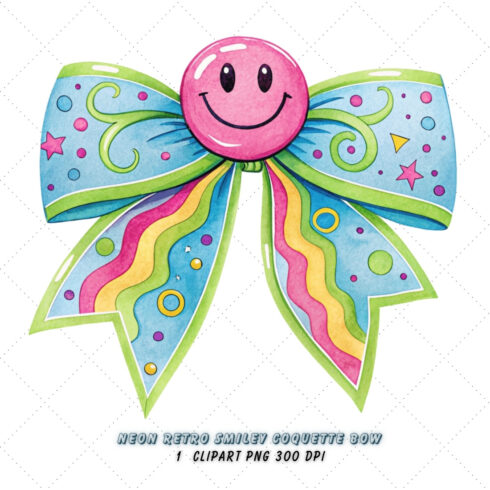 Neon Retro Smiley Coquette Bow Clipart, neon retro bow, smiley coquette bow, vibrant bow design, retro smiley clipart, digital bow design, glowing neon bow, smiley bow art, neon vintage design, coquette bow art, smiley sublimation design cover image.