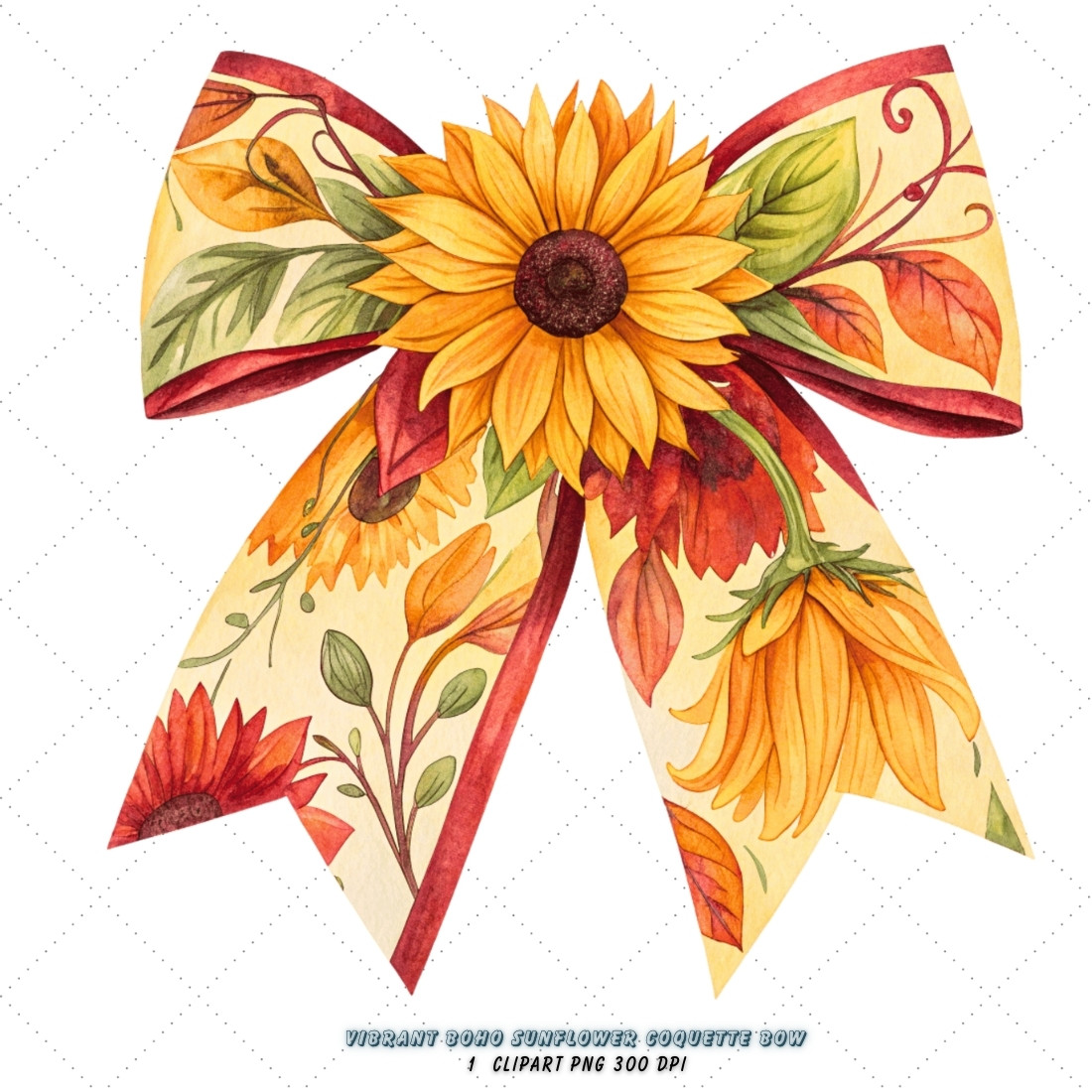 Vibrant Boho Sunflower Coquette Bow Clipart, vibrant boho bow, sunflower coquette bow, colorful bow design, boho sunflower clipart, digital bow design, lively vibrant bow, sunflower bow art, boho colorful design, coquette bow art, sunflower sublimation design cover image.