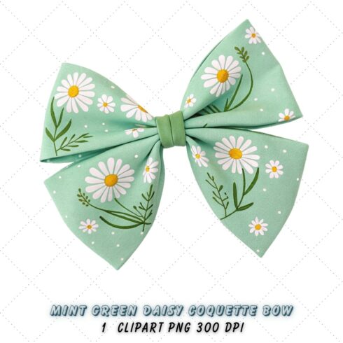 Mint Green Daisy Coquette Bow Clipart, mint green bow, coquette bow clipart, spring floral bow, daisy flower bow, digital bow design, mint floral bow, fresh coquette bow, spring daisy clipart, floral bow design, green daisy bow cover image.