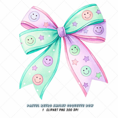 Pastel Retro Smiley Coquette Bow Clipart, pastel retro bow, smivintage ley coquette bow, bow design, retro smiley clipart, digital bow design, soft pastel bow, smiley bow art, pastel vintage design, coquette bow art, smiley sublimation design cover image.