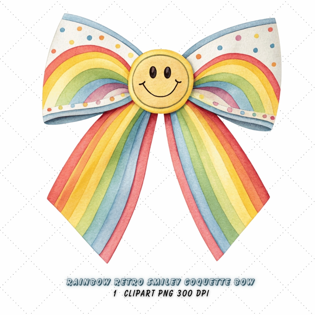 Rainbow Retro Smiley Coquette Bow Clipart, rainbow retro bow, smiley coquette bow, colorful bow design, retro smiley clipart, digital bow design, cheerful rainbow bow, smiley bow art, rainbow vintage design, coquette bow art, smiley sublimation design cover image.