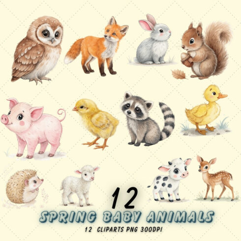 Spring Baby Animals Watercolor Clipart Pack – Adorable Illustrations for Nursery Decor, Invitations, and Sublimation, Pastel Baby Animals Clipart – Watercolor Lambs, Chicks, Bunnies, and Ducklings for Spring Projects cover image.