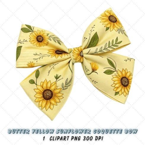 Butter Yellow Sunflower Coquette Bow Clipart, butter yellow bow, coquette bow clipart, spring floral bow, sunflower flower bow, digital bow design, yellow floral bow, cheerful coquette bow, spring sunflower clipart, floral bow design, yellow sunflower bow cover image.