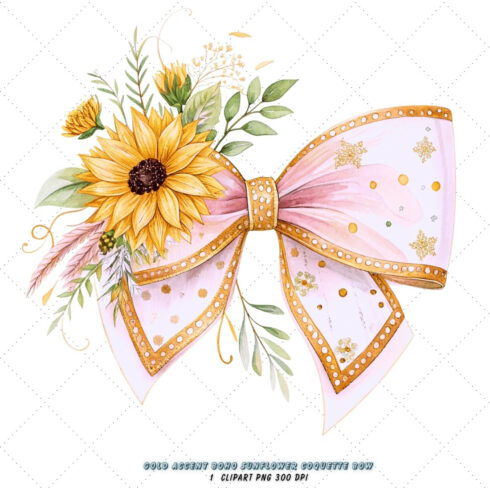 Gold Accent Boho Sunflower Coquette Bow Clipart, gold boho bow, sunflower coquette bow, luxurious bow design, boho sunflower clipart, digital bow design, gold accent bow, sunflower bow art, boho gold design, coquette bow art, sunflower sublimation design cover image.