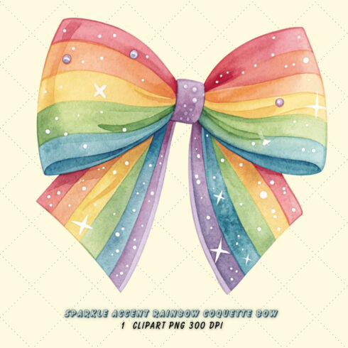 Sparkle Accent Rainbow Coquette Bow Clipart with Sparkle, sparkle rainbow bow, accented coquette bow, festive bow design, rainbow clipart art, digital bow design, sparkle accent design, accented bow art, festive rainbow accent, coquette bow art, rainbow sublimation design cover image.