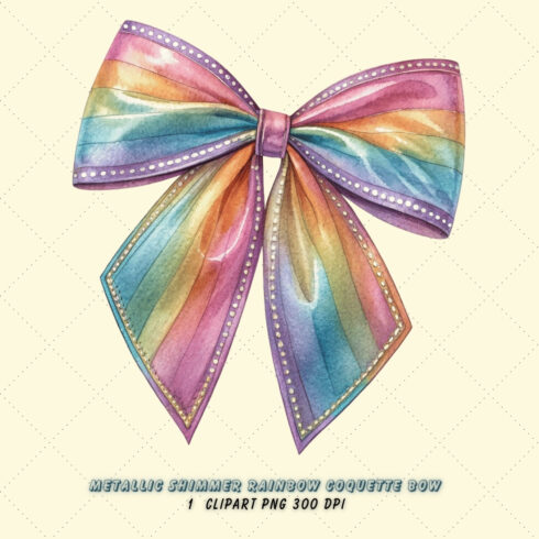 Metallic Shimmer Rainbow Coquette Bow Clipart with Shimmer, metallic rainbow bow, shimmering coquette bow, luxurious bow design, rainbow clipart art, digital bow design, metallic shimmer design, shimmering bow art, luxurious rainbow shimmer, coquette bow art, rainbow sublimation design cover image.