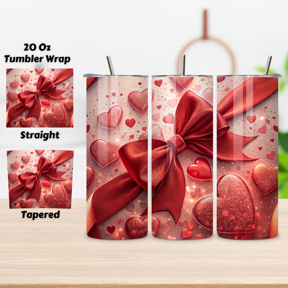 Cherry Bow Valentine Tumbler Wrap | 20oz Skinny Sublimation cover image.