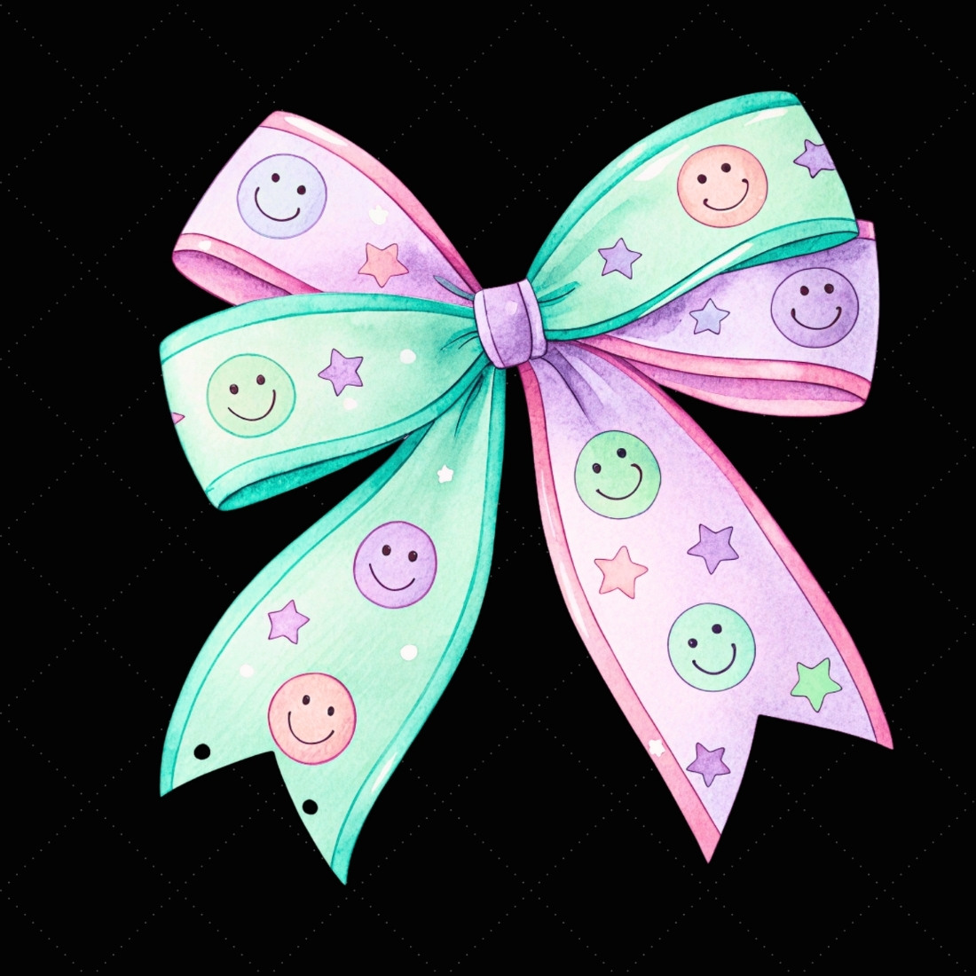 Pastel Retro Smiley Coquette Bow Clipart, pastel retro bow, smivintage ley coquette bow, bow design, retro smiley clipart, digital bow design, soft pastel bow, smiley bow art, pastel vintage design, coquette bow art, smiley sublimation design preview image.