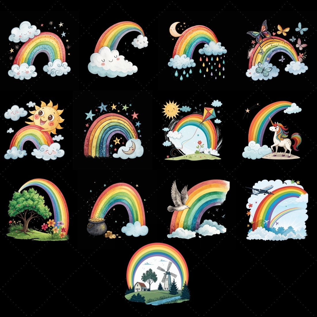 Rainbow & Cloud Sublimation Clipart Set – Vibrant Designs for T-Shirts, Mugs, and DIY Projects preview image.