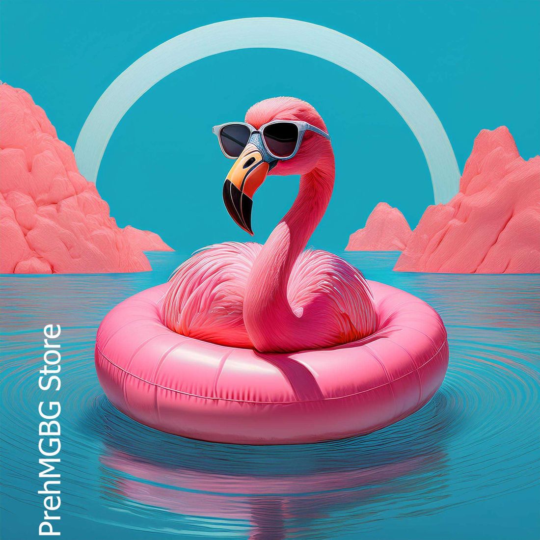 Trendy Pink Flamingo Wearing Sunglasses, Floating Relaxedly on an Inflatable Ring preview image.