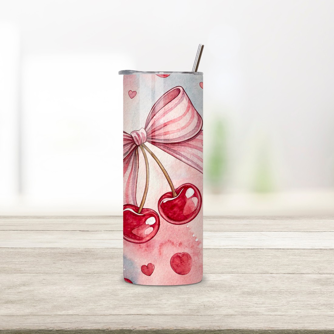 Cherry Bow Valentine Tumbler Wrap - 20oz Skinny Sublimation Design - Romantic Watercolor Hearts PNG - Straight & Tapered Digital Download preview image.