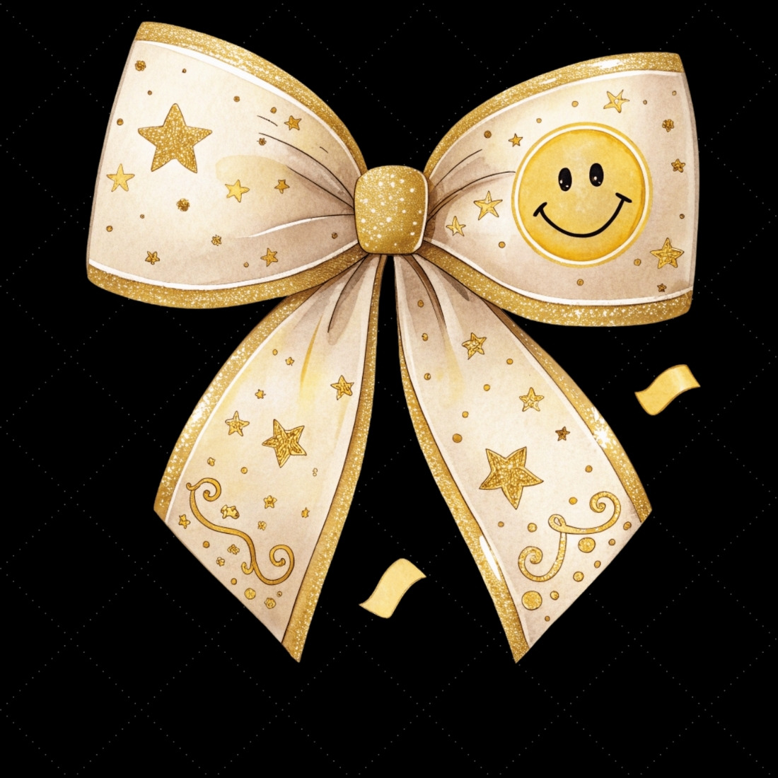 Gold Glitter Retro Smiley Coquette Bow Clipart, gold retro bow, smiley coquette bow, glitter bow design, retro smiley clipart, digital bow design, luxurious gold bow, smiley bow art, gold vintage design, coquette bow art, smiley sublimation design preview image.