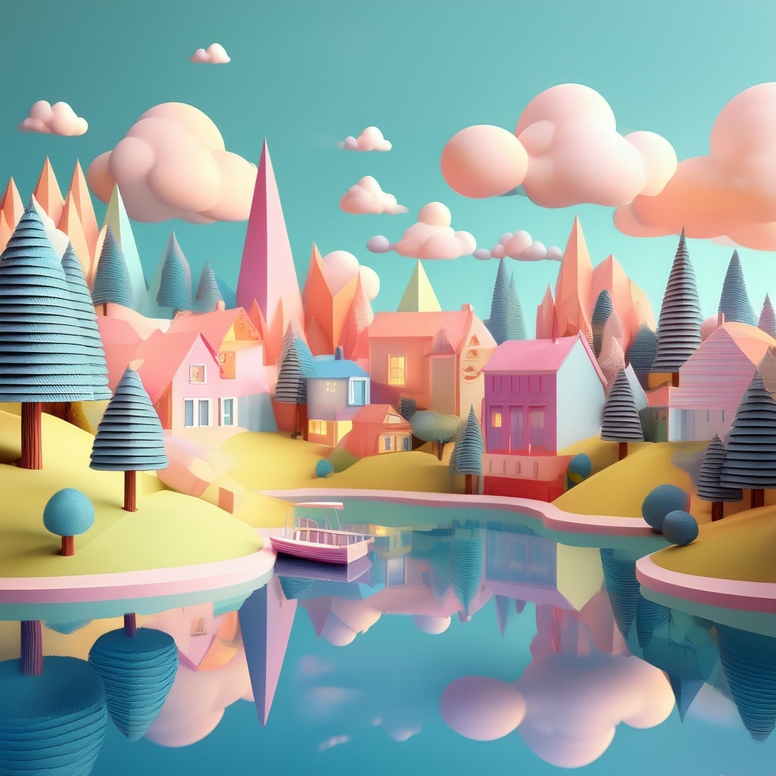 Whimsical Low Poly 3D Landscape with Pastel Colors preview image.