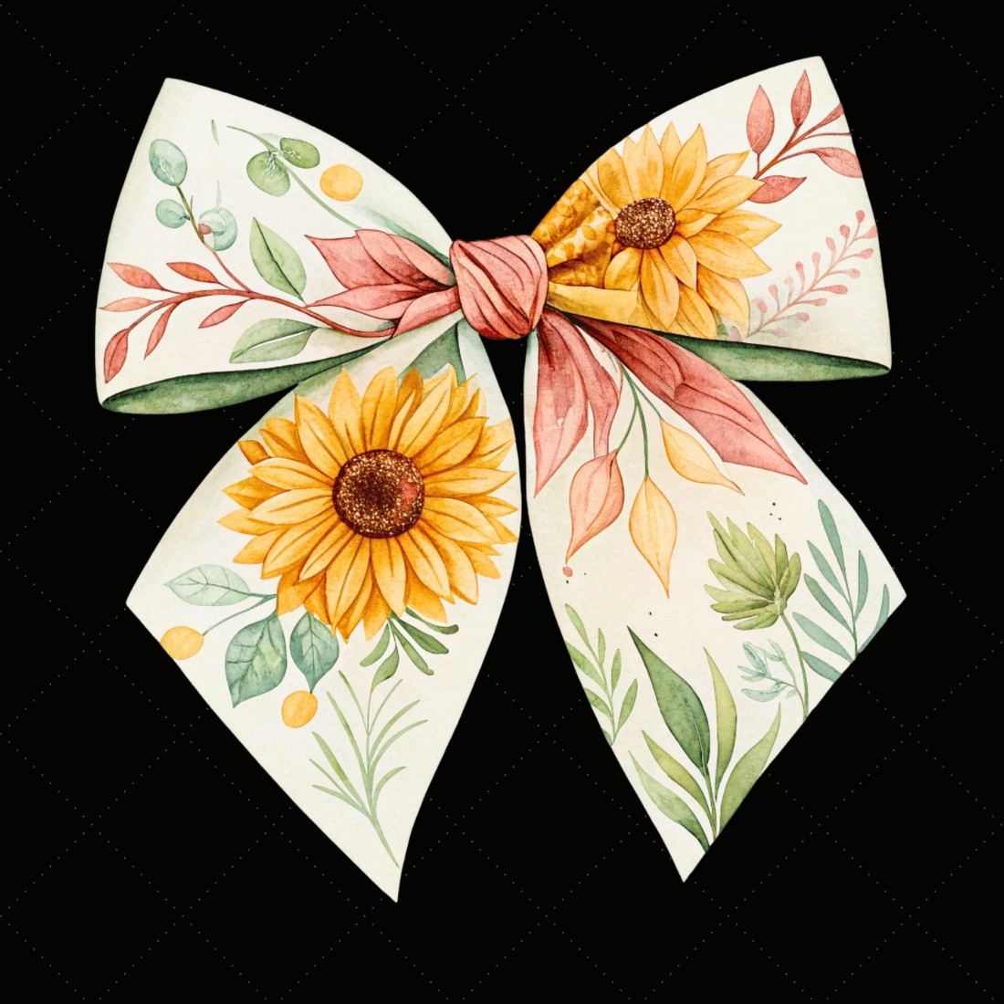 Watercolor Boho Sunflower Coquette Bow Clipart, watercolor boho bow, sunflower coquette bow, artistic bow design, boho sunflower clipart, digital bow design, blended watercolor bow, sunflower bow art, boho artistic design, coquette bow art, sunflower sublimation design preview image.