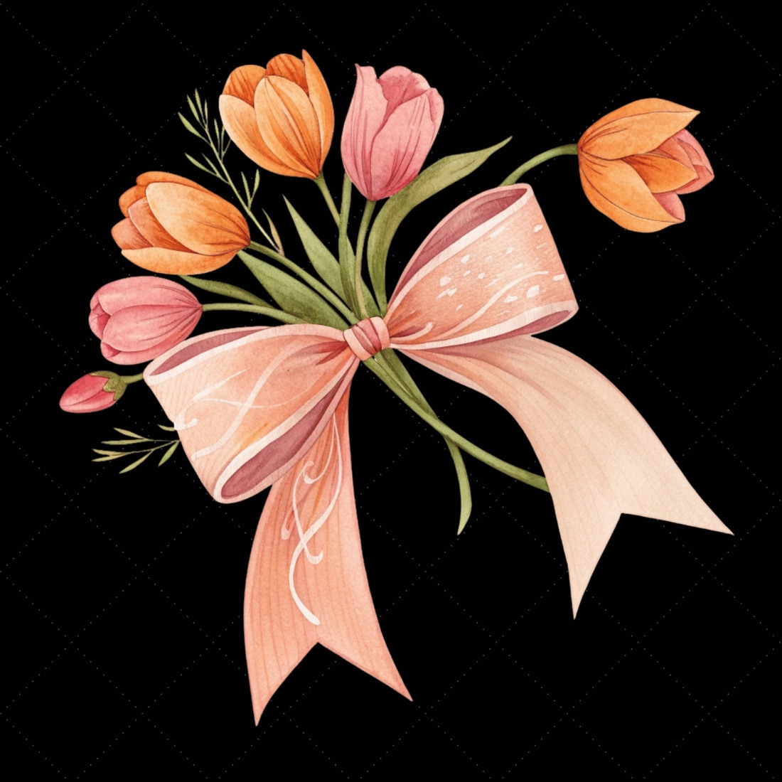 Peach Tulip Coquette Bow Clipart, peach tulip bow, coquette bow clipart, spring floral bow, tulip flower bow, digital bow design, peach floral bow, elegant coquette bow, spring tulip clipart, floral bow design, vibrant tulip bow preview image.