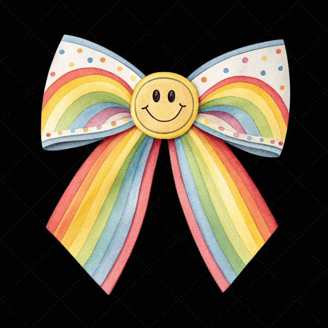 Rainbow Retro Smiley Coquette Bow Clipart, rainbow retro bow, smiley coquette bow, colorful bow design, retro smiley clipart, digital bow design, cheerful rainbow bow, smiley bow art, rainbow vintage design, coquette bow art, smiley sublimation design preview image.