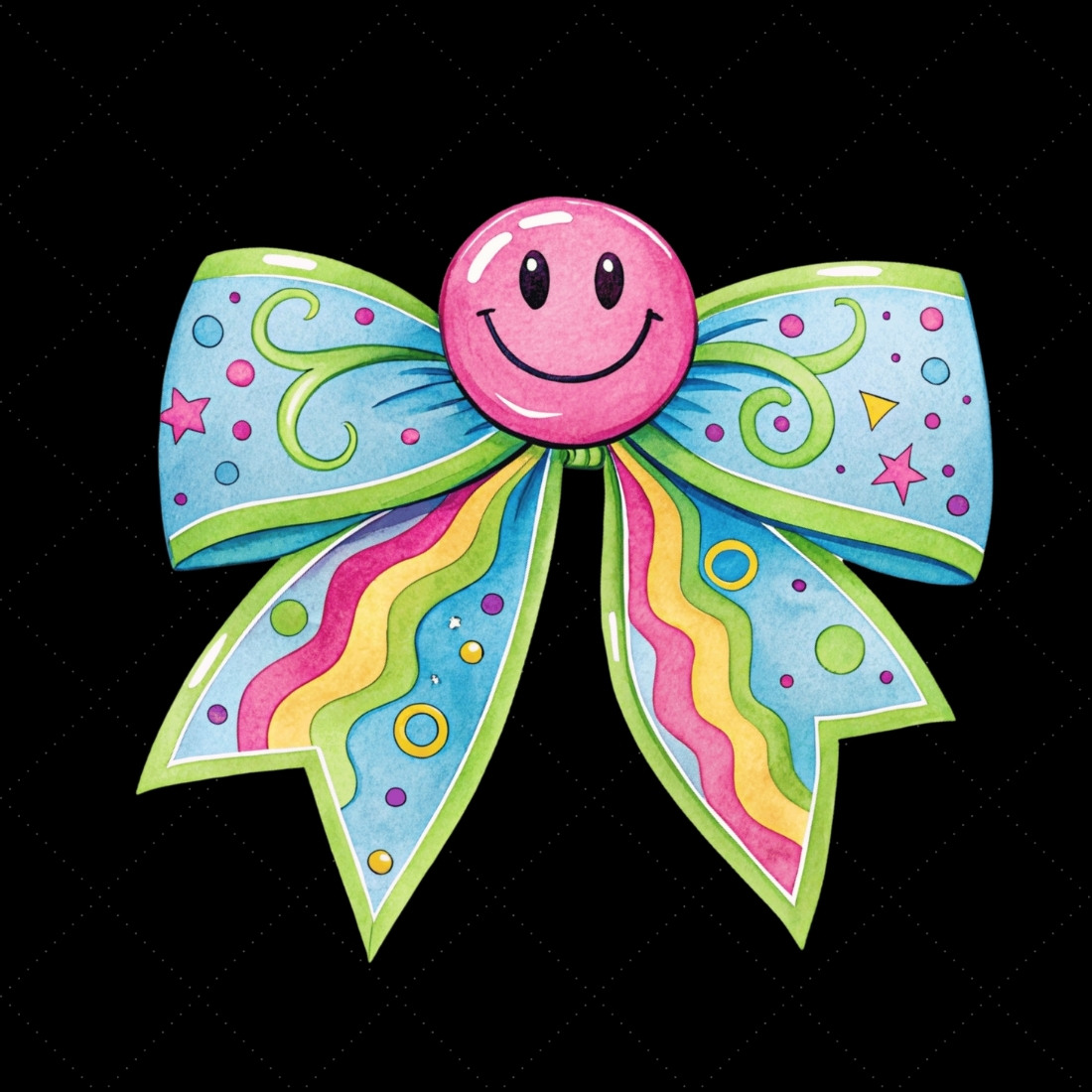 Neon Retro Smiley Coquette Bow Clipart, neon retro bow, smiley coquette bow, vibrant bow design, retro smiley clipart, digital bow design, glowing neon bow, smiley bow art, neon vintage design, coquette bow art, smiley sublimation design preview image.