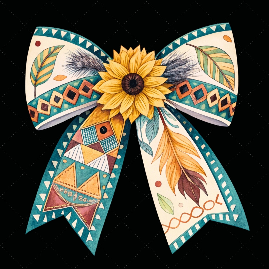 Geometric Boho Sunflower Coquette Bow Clipart, geometric boho bow, sunflower coquette bow, modern bow design, boho sunflower clipart, digital bow design, patterned geometric bow, sunflower bow art, boho modern design, coquette bow art, sunflower sublimation design preview image.