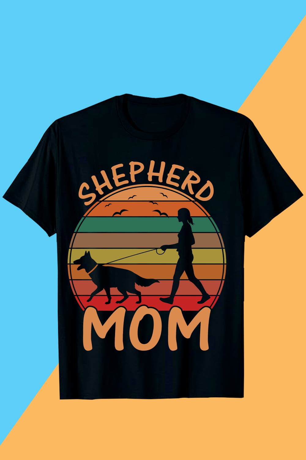 Retro Shepherd Mom Walking Dog Sunset Design SVG EPS AI PNG Mother’s T shirt pinterest preview image.