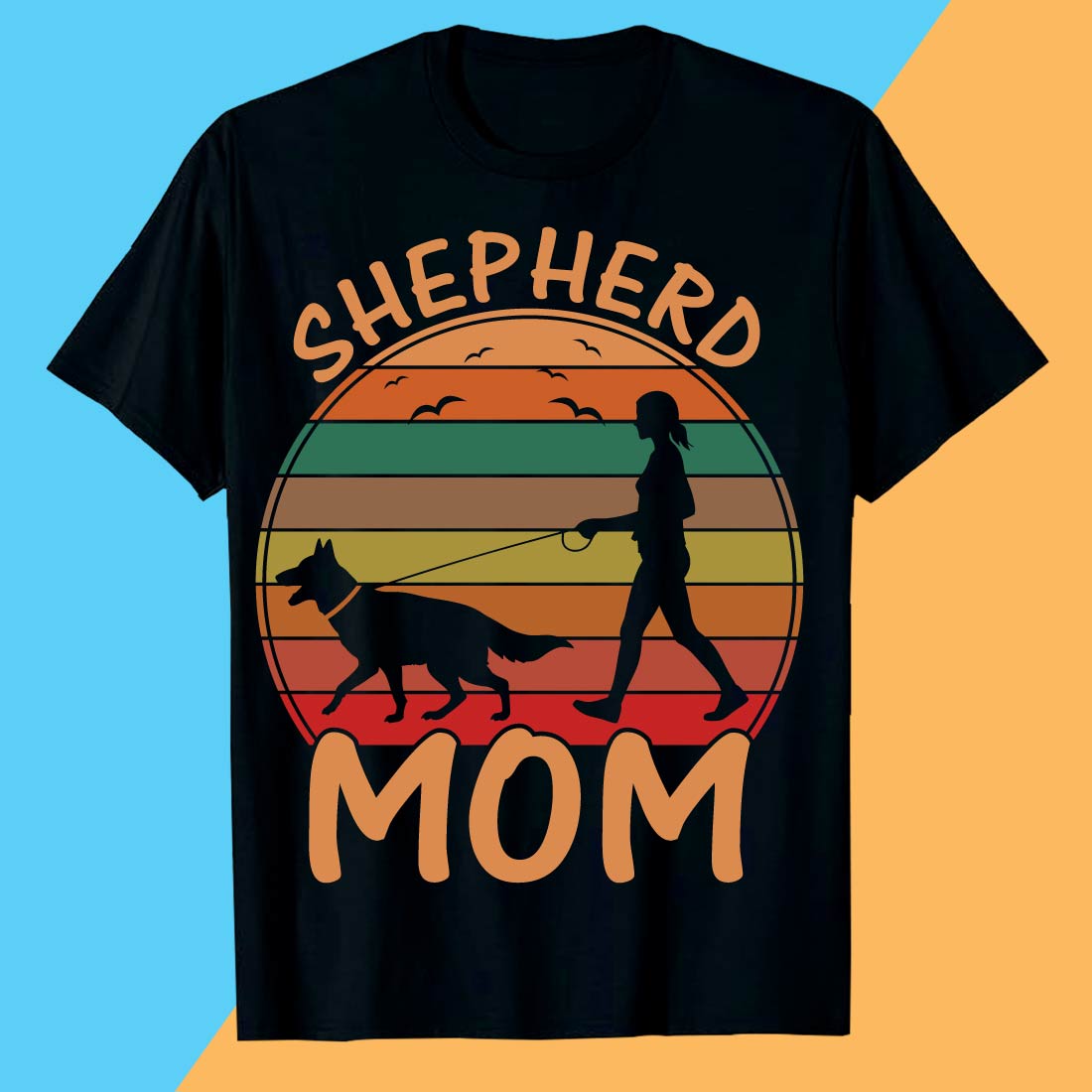 Retro Shepherd Mom Walking Dog Sunset Design SVG EPS AI PNG Mother’s T shirt preview image.