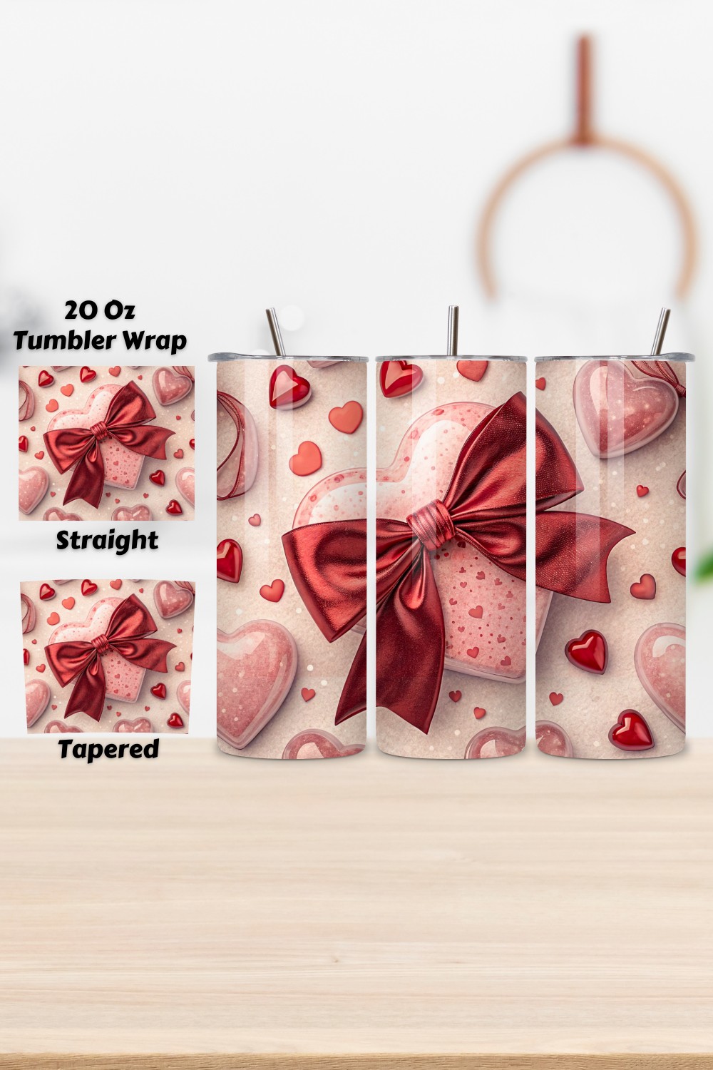 Cherry Tumbler Wrap, Cute Tumbler Design, Digital Tumbler Wrap, Heart Tumbler Wrap, Pink Bow Design, Cherry Pattern Wrap pinterest preview image.