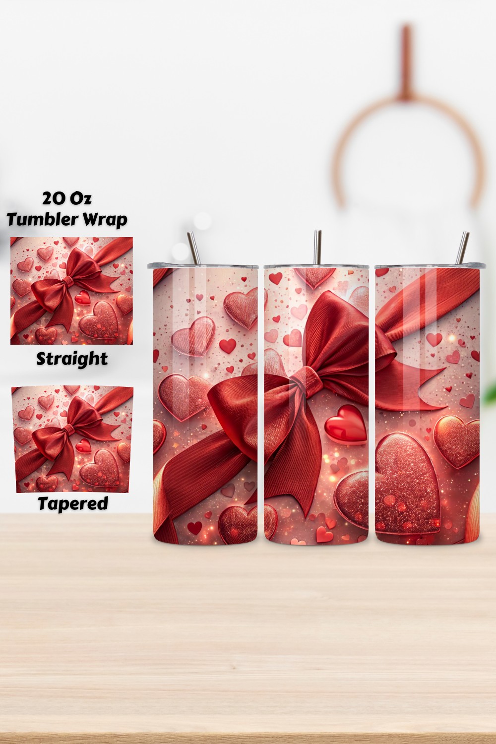 Cherry Bow Valentine Tumbler Wrap | 20oz Skinny Sublimation pinterest preview image.