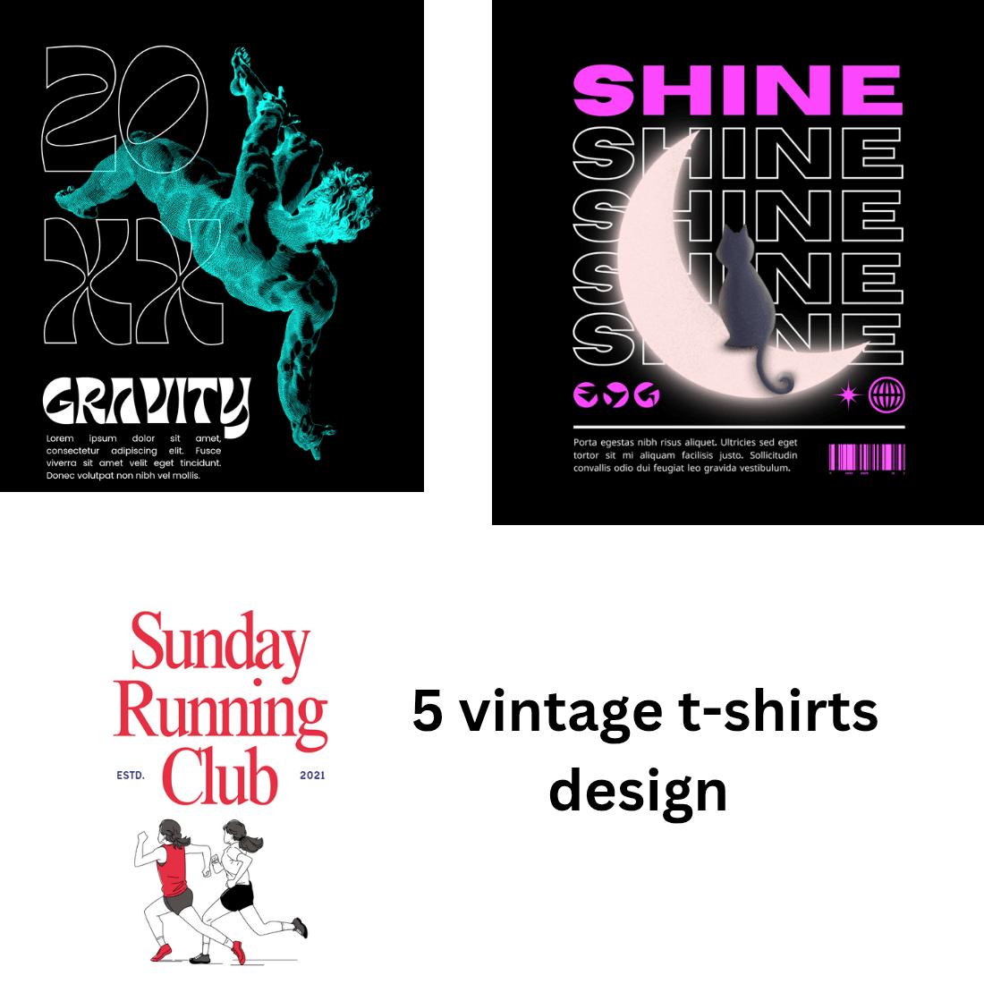 5 vintage t-shirts design preview image.