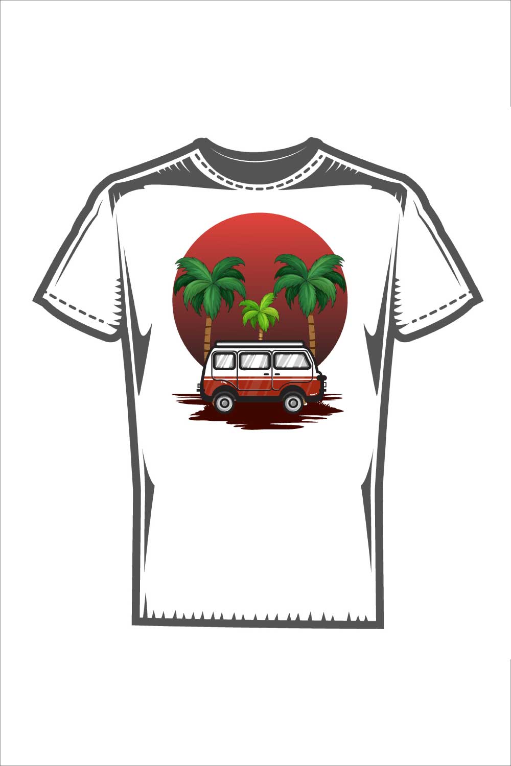 Retro Van Palm Sunset T-Shirt Design - EPS Vector pinterest preview image.