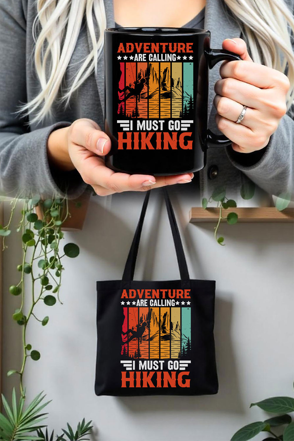 Adventure Awaits – Hiking T-Shirt Design pinterest preview image.