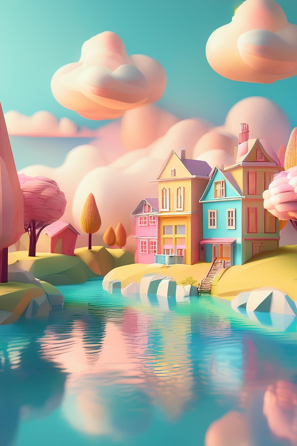 Whimsical Low Poly 3D Landscape with Pastel Colors pinterest preview image.