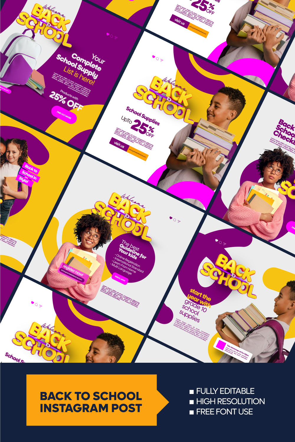 Back To School Social Media Post Design [6 PSD] - ONLY $12 pinterest preview image.