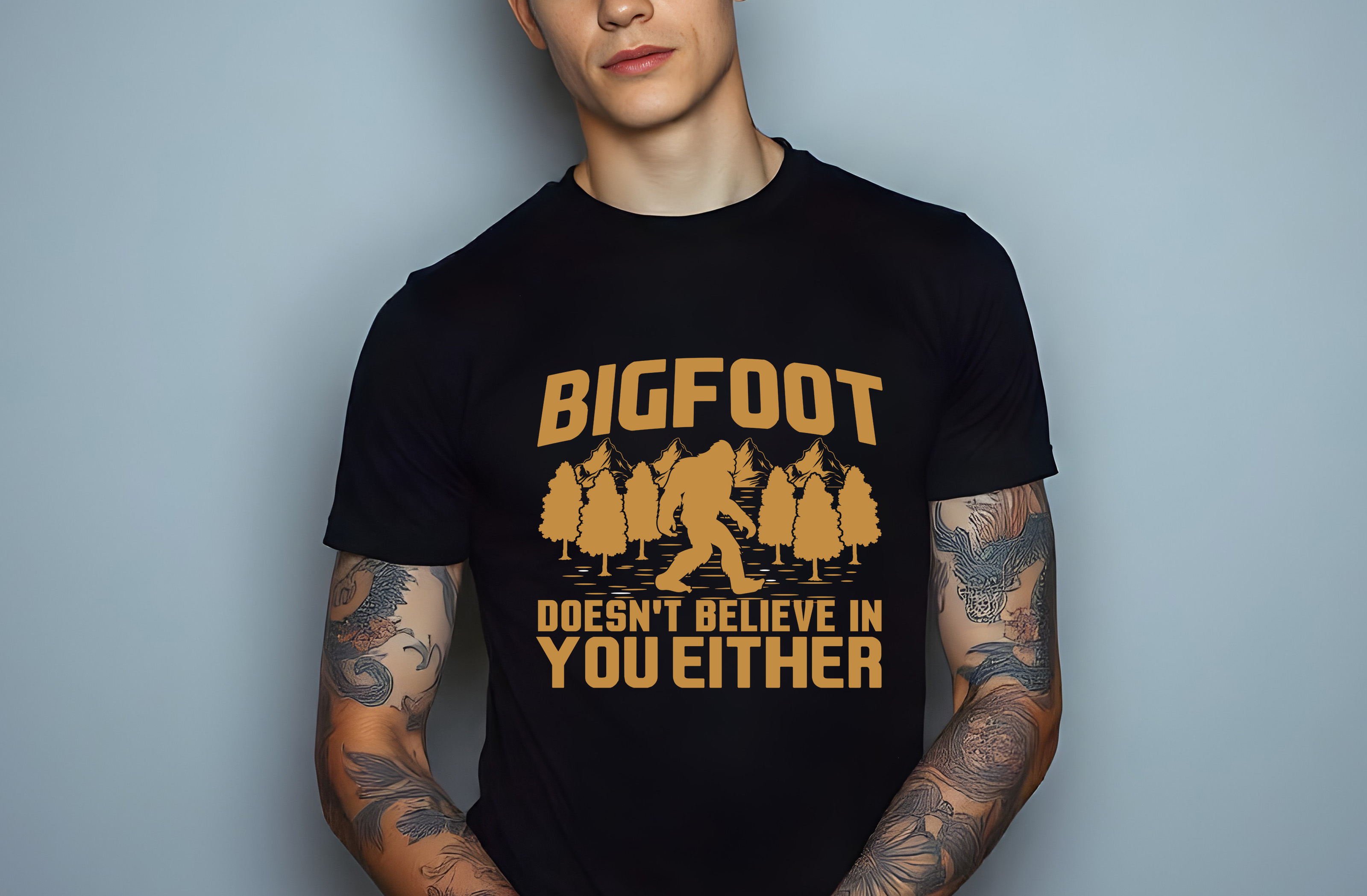 bigfoot doesnt believe in you either graphic design male t shirt mockups 604