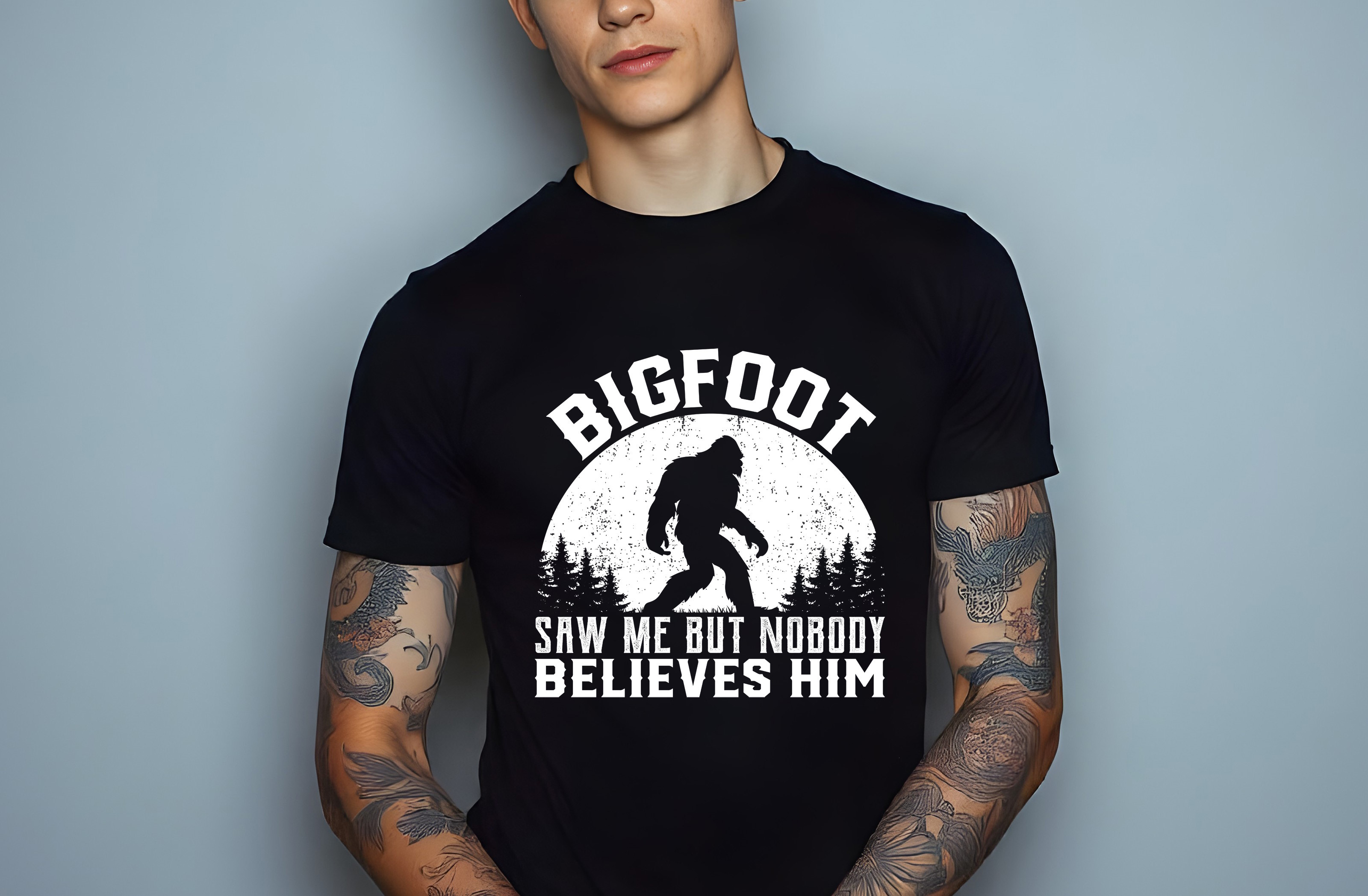 bigfoot saw me but nobody believes him graphic design male t shirt mockups 969