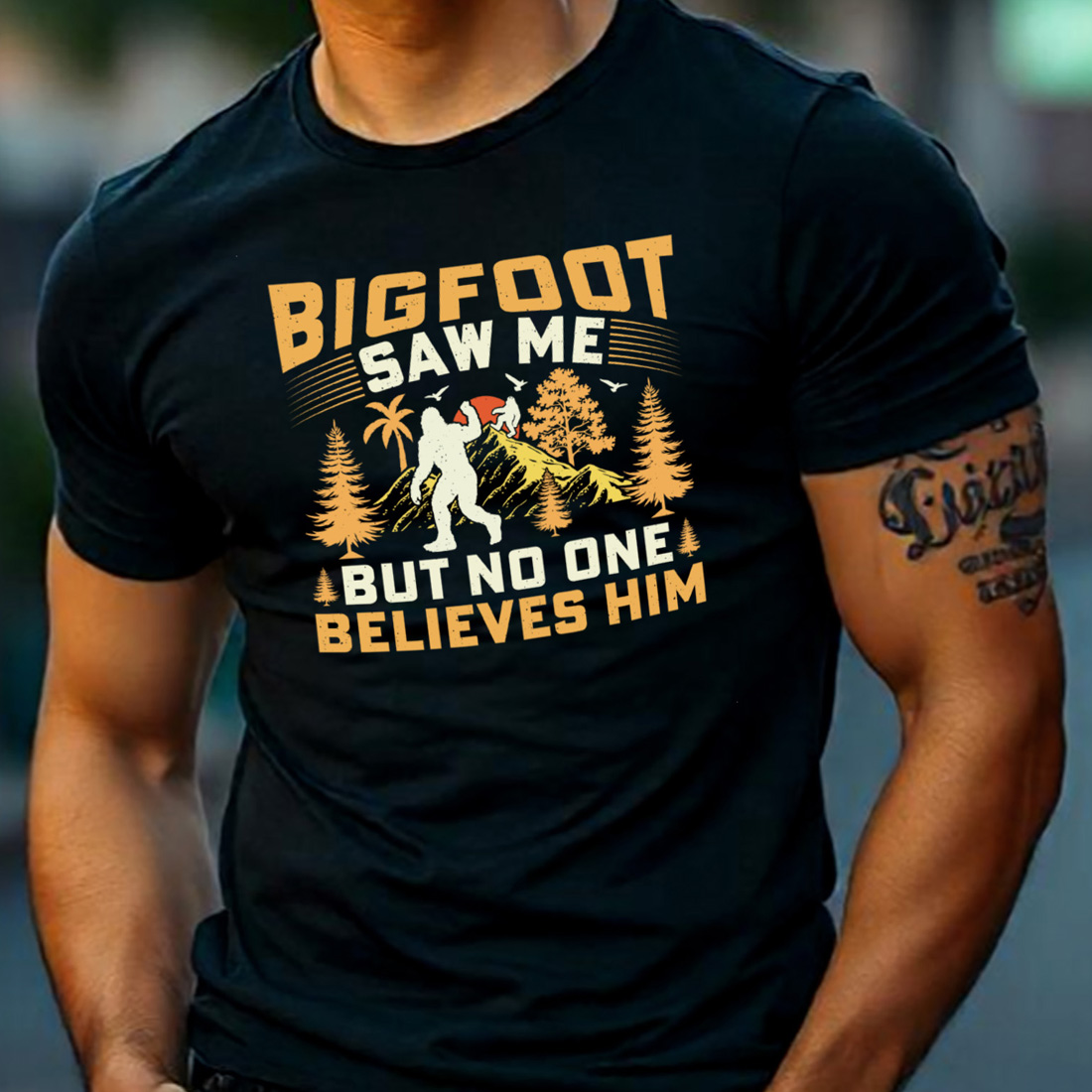 Saw Me But No One Believes Him Bigfoot Sasquatch Sublimation T-Shirt Graphic preview image.