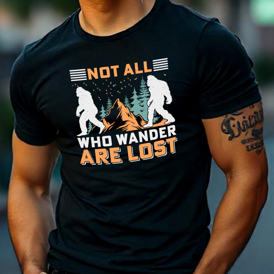 Not All Who Wander Are Lost Bigfoot Sasquatch Sublimation Retro T-Shirt Graphic preview image.