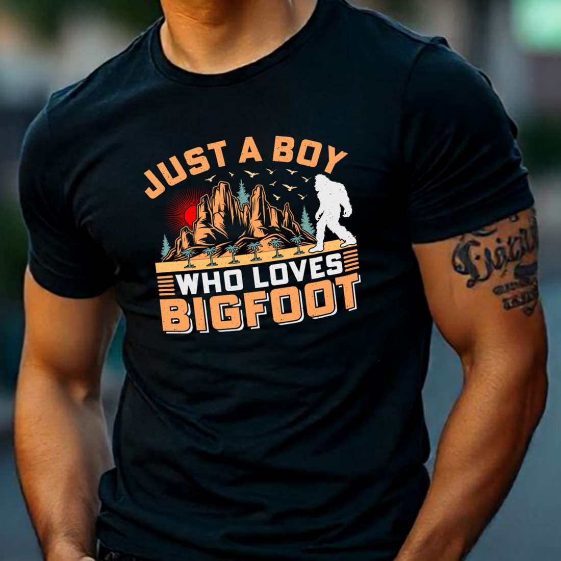 Just A Boy Who Loves Bigfoot Sasquatch Sublimation Retro T-Shirt Graphic preview image.