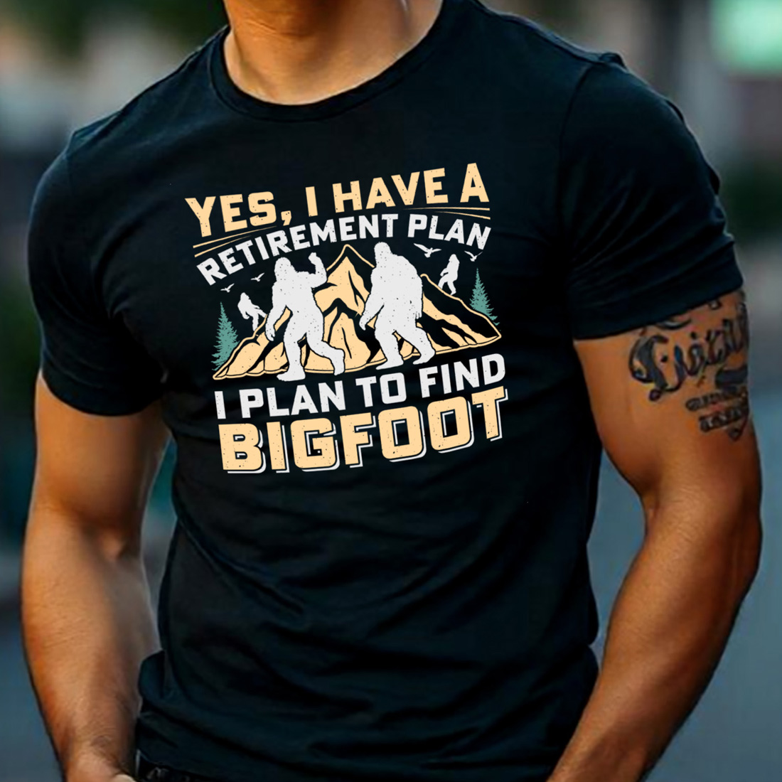 Yes, I Have a Retirement Plan I Plan to Find Bigfoot Sasquatch Sublimation Retro T-Shirt Graphic preview image.