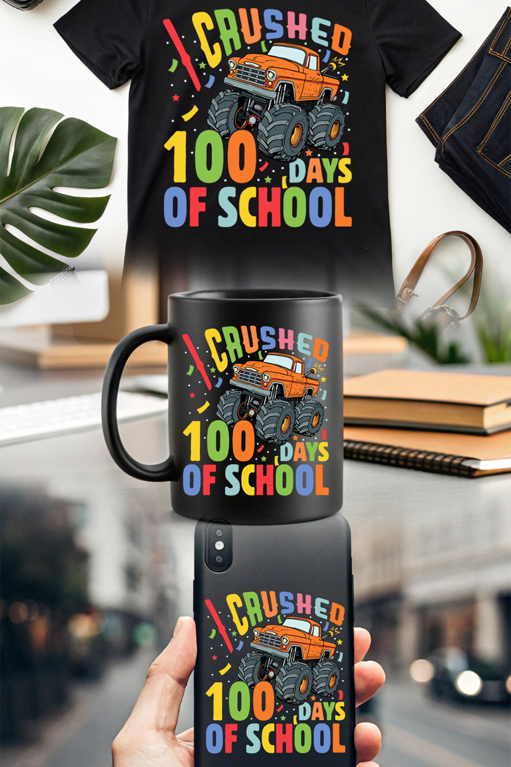 Trendy 100 days of school crushed 100 days of school monster truck design for kids and teachers pinterest preview image.